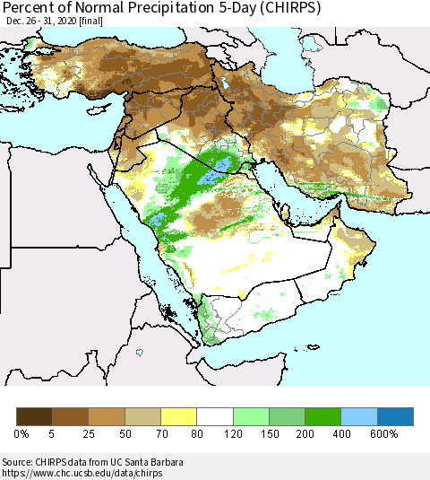 Middle East and Turkey Percent of Normal Precipitation 5-Day (CHIRPS) Thematic Map For 12/26/2020 - 12/31/2020