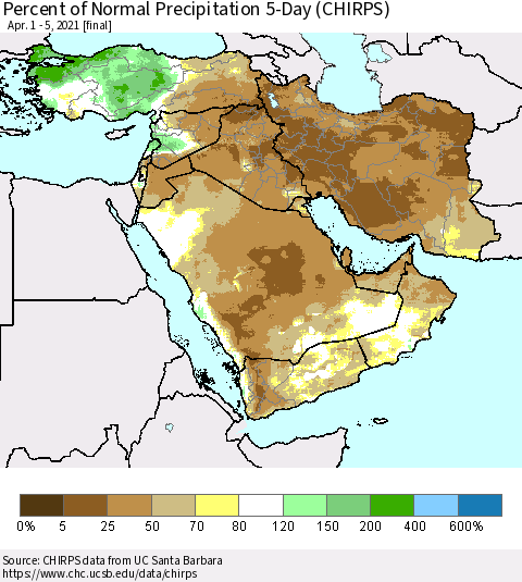 Middle East and Turkey Percent of Normal Precipitation 5-Day (CHIRPS) Thematic Map For 4/1/2021 - 4/5/2021