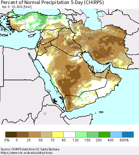 Middle East and Turkey Percent of Normal Precipitation 5-Day (CHIRPS) Thematic Map For 4/6/2021 - 4/10/2021