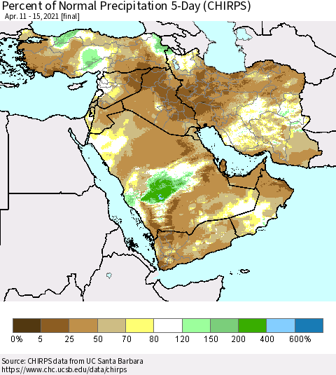 Middle East and Turkey Percent of Normal Precipitation 5-Day (CHIRPS) Thematic Map For 4/11/2021 - 4/15/2021