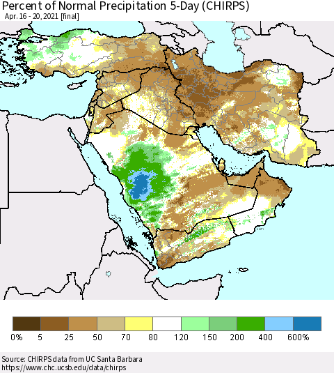 Middle East and Turkey Percent of Normal Precipitation 5-Day (CHIRPS) Thematic Map For 4/16/2021 - 4/20/2021