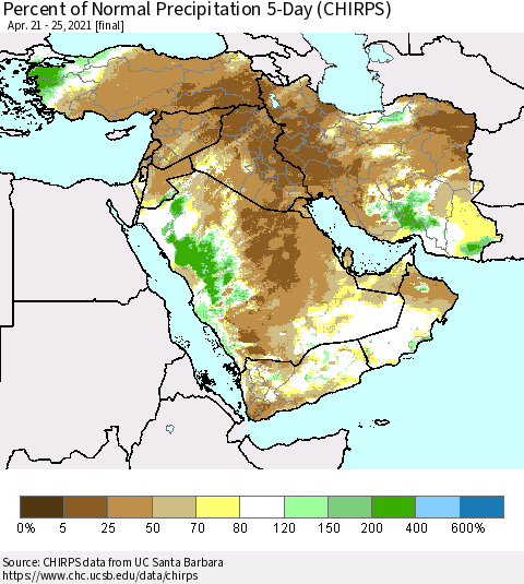 Middle East and Turkey Percent of Normal Precipitation 5-Day (CHIRPS) Thematic Map For 4/21/2021 - 4/25/2021
