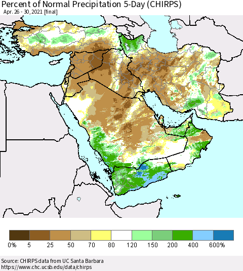 Middle East and Turkey Percent of Normal Precipitation 5-Day (CHIRPS) Thematic Map For 4/26/2021 - 4/30/2021