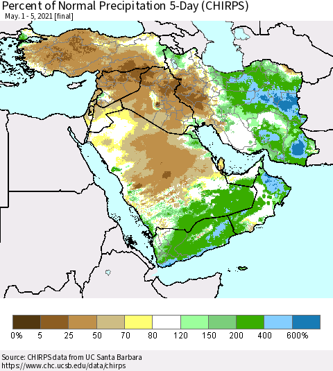 Middle East and Turkey Percent of Normal Precipitation 5-Day (CHIRPS) Thematic Map For 5/1/2021 - 5/5/2021