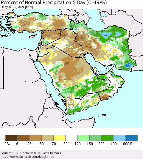 Middle East and Turkey Percent of Normal Precipitation 5-Day (CHIRPS) Thematic Map For 5/6/2021 - 5/10/2021