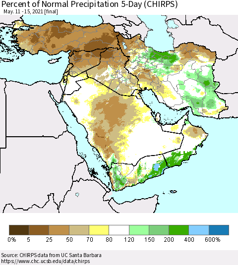 Middle East and Turkey Percent of Normal Precipitation 5-Day (CHIRPS) Thematic Map For 5/11/2021 - 5/15/2021