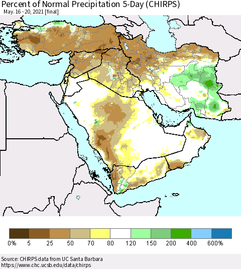 Middle East and Turkey Percent of Normal Precipitation 5-Day (CHIRPS) Thematic Map For 5/16/2021 - 5/20/2021