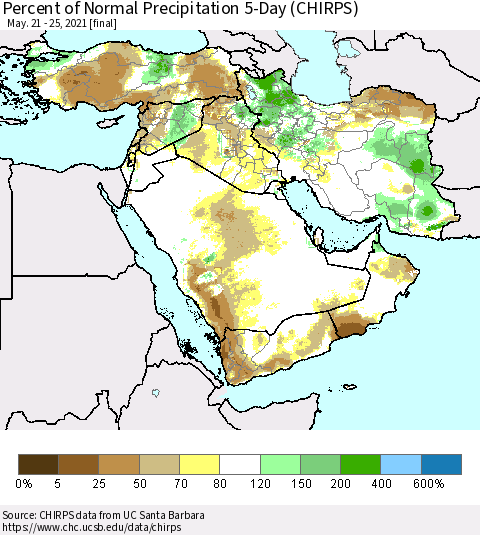Middle East and Turkey Percent of Normal Precipitation 5-Day (CHIRPS) Thematic Map For 5/21/2021 - 5/25/2021
