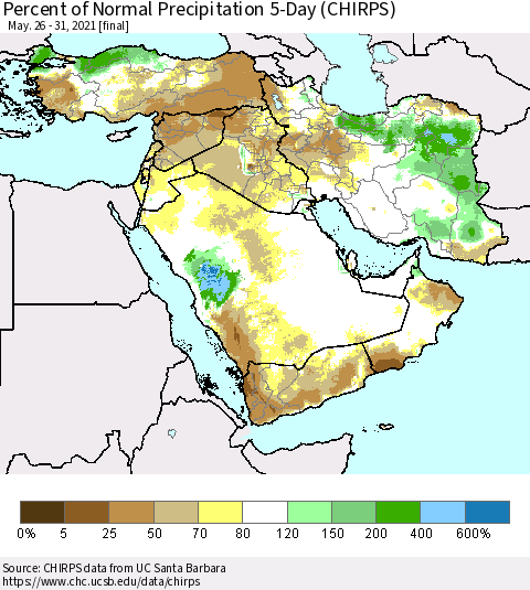 Middle East and Turkey Percent of Normal Precipitation 5-Day (CHIRPS) Thematic Map For 5/26/2021 - 5/31/2021