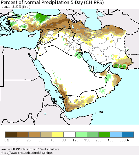 Middle East and Turkey Percent of Normal Precipitation 5-Day (CHIRPS) Thematic Map For 6/1/2021 - 6/5/2021