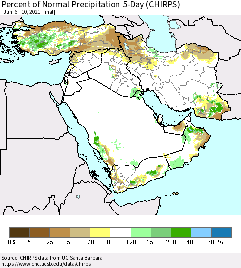Middle East and Turkey Percent of Normal Precipitation 5-Day (CHIRPS) Thematic Map For 6/6/2021 - 6/10/2021