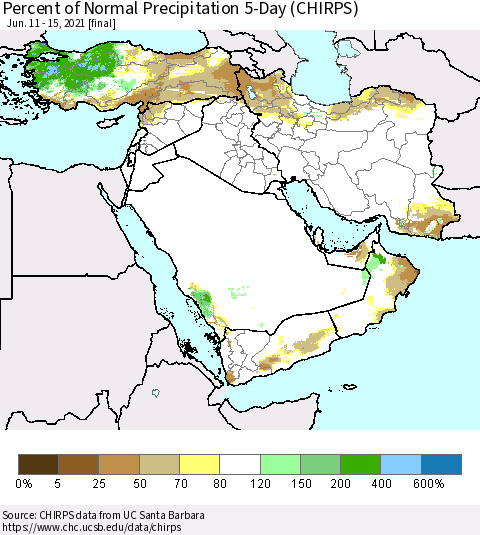 Middle East and Turkey Percent of Normal Precipitation 5-Day (CHIRPS) Thematic Map For 6/11/2021 - 6/15/2021