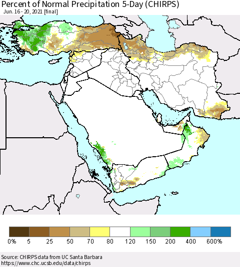 Middle East and Turkey Percent of Normal Precipitation 5-Day (CHIRPS) Thematic Map For 6/16/2021 - 6/20/2021