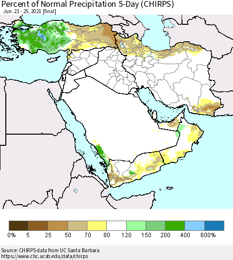 Middle East and Turkey Percent of Normal Precipitation 5-Day (CHIRPS) Thematic Map For 6/21/2021 - 6/25/2021