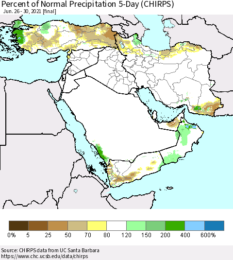 Middle East and Turkey Percent of Normal Precipitation 5-Day (CHIRPS) Thematic Map For 6/26/2021 - 6/30/2021