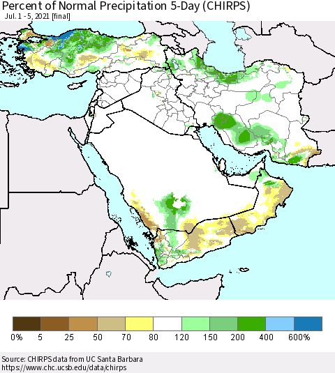 Middle East and Turkey Percent of Normal Precipitation 5-Day (CHIRPS) Thematic Map For 7/1/2021 - 7/5/2021