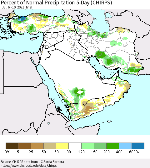 Middle East and Turkey Percent of Normal Precipitation 5-Day (CHIRPS) Thematic Map For 7/6/2021 - 7/10/2021