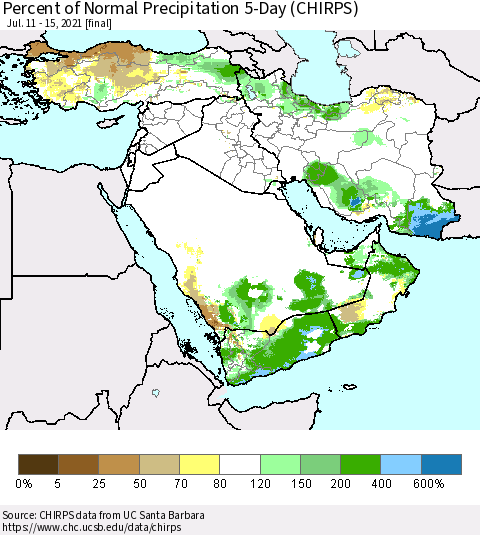 Middle East and Turkey Percent of Normal Precipitation 5-Day (CHIRPS) Thematic Map For 7/11/2021 - 7/15/2021