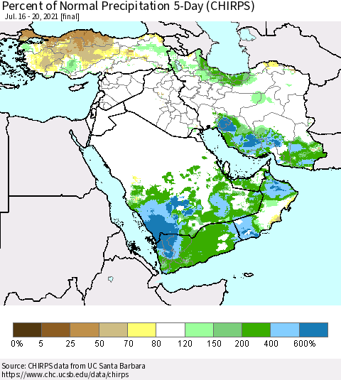 Middle East and Turkey Percent of Normal Precipitation 5-Day (CHIRPS) Thematic Map For 7/16/2021 - 7/20/2021