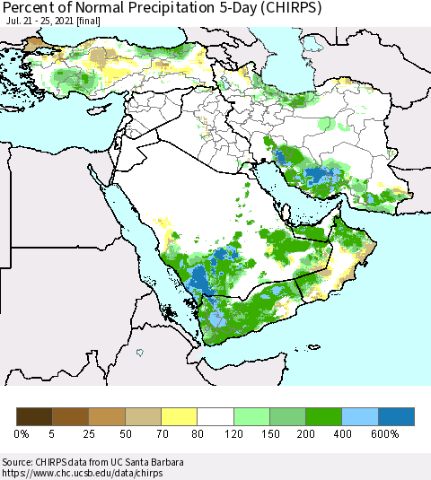 Middle East and Turkey Percent of Normal Precipitation 5-Day (CHIRPS) Thematic Map For 7/21/2021 - 7/25/2021