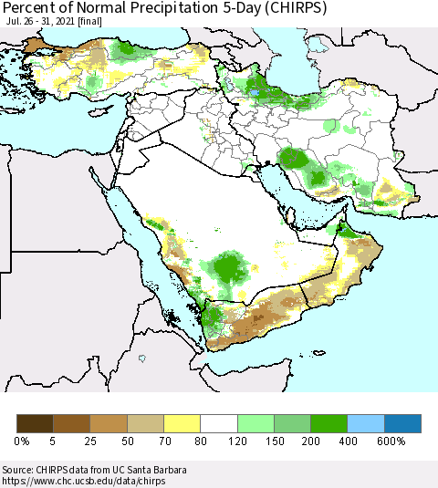 Middle East and Turkey Percent of Normal Precipitation 5-Day (CHIRPS) Thematic Map For 7/26/2021 - 7/31/2021
