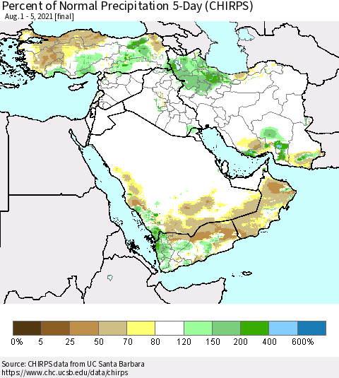 Middle East and Turkey Percent of Normal Precipitation 5-Day (CHIRPS) Thematic Map For 8/1/2021 - 8/5/2021