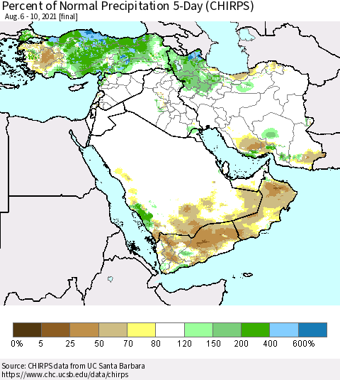 Middle East and Turkey Percent of Normal Precipitation 5-Day (CHIRPS) Thematic Map For 8/6/2021 - 8/10/2021