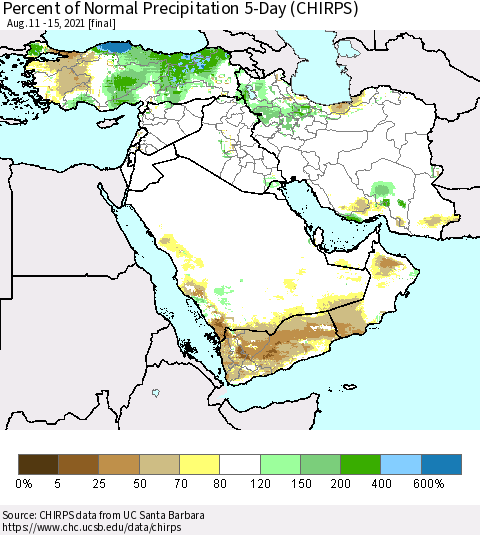Middle East and Turkey Percent of Normal Precipitation 5-Day (CHIRPS) Thematic Map For 8/11/2021 - 8/15/2021
