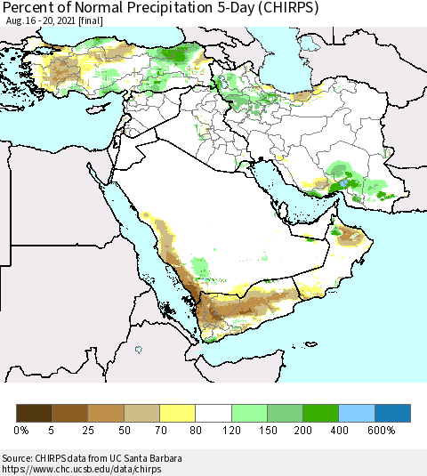 Middle East and Turkey Percent of Normal Precipitation 5-Day (CHIRPS) Thematic Map For 8/16/2021 - 8/20/2021
