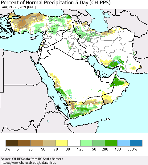 Middle East and Turkey Percent of Normal Precipitation 5-Day (CHIRPS) Thematic Map For 8/21/2021 - 8/25/2021
