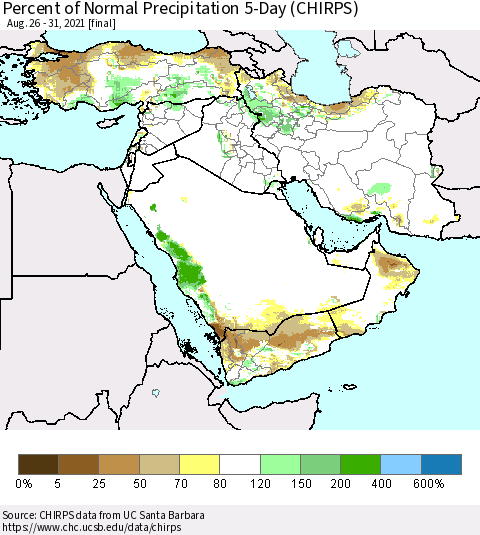 Middle East and Turkey Percent of Normal Precipitation 5-Day (CHIRPS) Thematic Map For 8/26/2021 - 8/31/2021