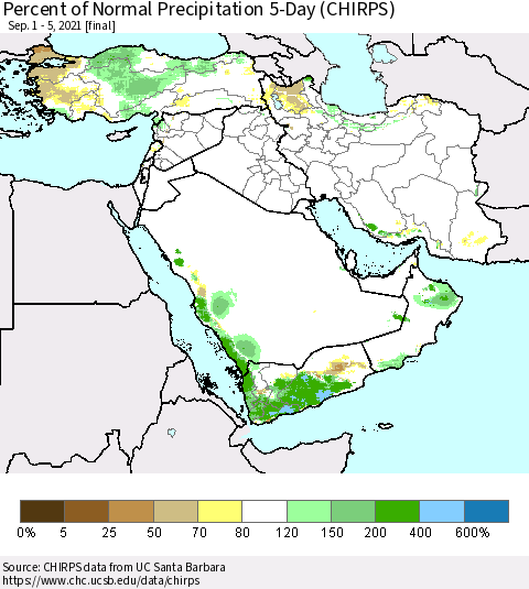 Middle East and Turkey Percent of Normal Precipitation 5-Day (CHIRPS) Thematic Map For 9/1/2021 - 9/5/2021