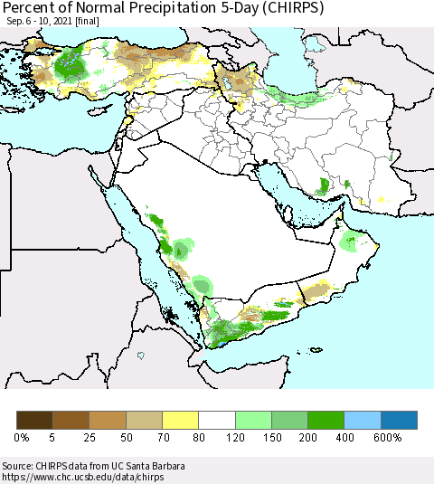 Middle East and Turkey Percent of Normal Precipitation 5-Day (CHIRPS) Thematic Map For 9/6/2021 - 9/10/2021