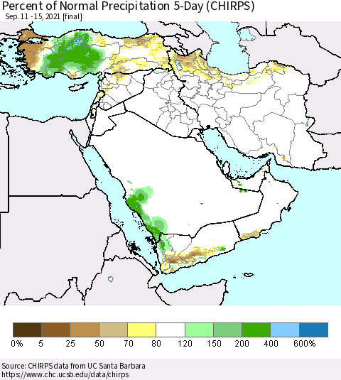 Middle East and Turkey Percent of Normal Precipitation 5-Day (CHIRPS) Thematic Map For 9/11/2021 - 9/15/2021