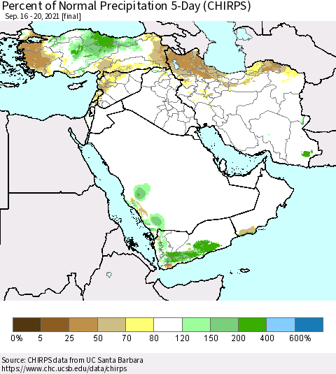 Middle East and Turkey Percent of Normal Precipitation 5-Day (CHIRPS) Thematic Map For 9/16/2021 - 9/20/2021