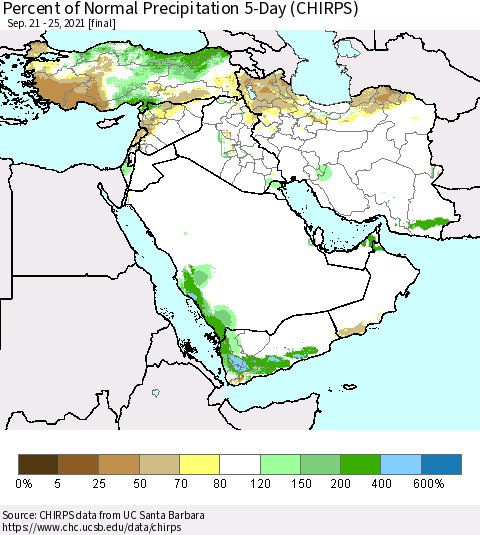 Middle East and Turkey Percent of Normal Precipitation 5-Day (CHIRPS) Thematic Map For 9/21/2021 - 9/25/2021