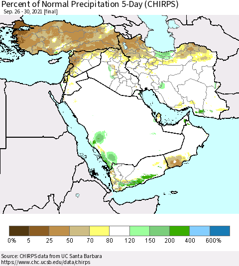 Middle East and Turkey Percent of Normal Precipitation 5-Day (CHIRPS) Thematic Map For 9/26/2021 - 9/30/2021