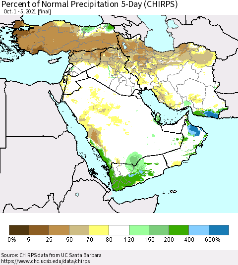 Middle East and Turkey Percent of Normal Precipitation 5-Day (CHIRPS) Thematic Map For 10/1/2021 - 10/5/2021