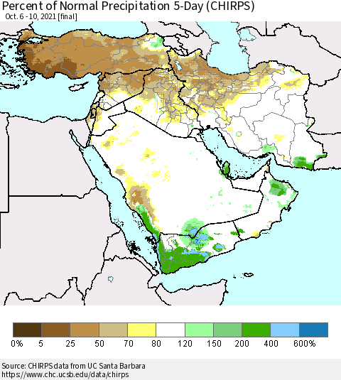 Middle East and Turkey Percent of Normal Precipitation 5-Day (CHIRPS) Thematic Map For 10/6/2021 - 10/10/2021