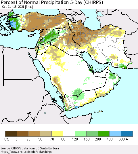 Middle East and Turkey Percent of Normal Precipitation 5-Day (CHIRPS) Thematic Map For 10/11/2021 - 10/15/2021