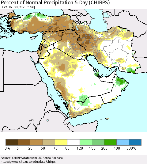 Middle East and Turkey Percent of Normal Precipitation 5-Day (CHIRPS) Thematic Map For 10/16/2021 - 10/20/2021