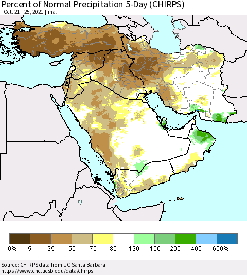 Middle East and Turkey Percent of Normal Precipitation 5-Day (CHIRPS) Thematic Map For 10/21/2021 - 10/25/2021