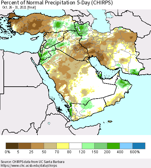 Middle East and Turkey Percent of Normal Precipitation 5-Day (CHIRPS) Thematic Map For 10/26/2021 - 10/31/2021