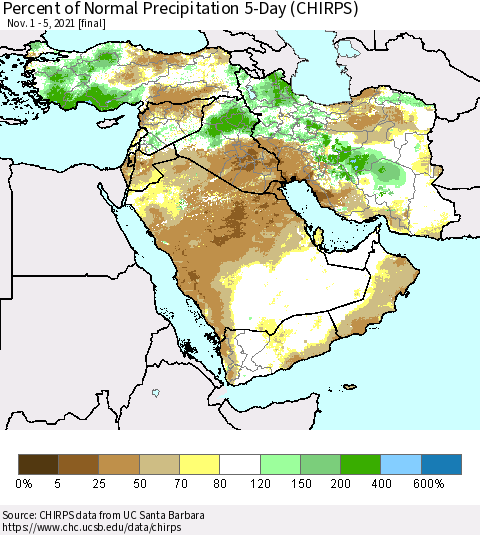 Middle East and Turkey Percent of Normal Precipitation 5-Day (CHIRPS) Thematic Map For 11/1/2021 - 11/5/2021