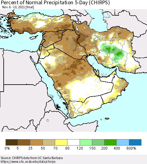 Middle East and Turkey Percent of Normal Precipitation 5-Day (CHIRPS) Thematic Map For 11/6/2021 - 11/10/2021