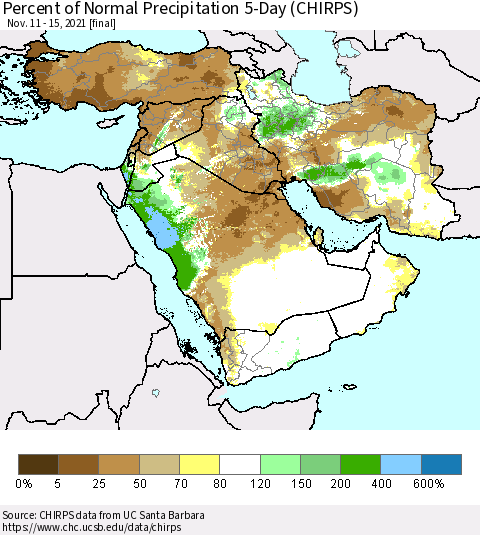 Middle East and Turkey Percent of Normal Precipitation 5-Day (CHIRPS) Thematic Map For 11/11/2021 - 11/15/2021