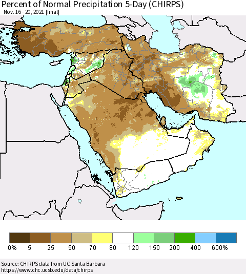 Middle East and Turkey Percent of Normal Precipitation 5-Day (CHIRPS) Thematic Map For 11/16/2021 - 11/20/2021