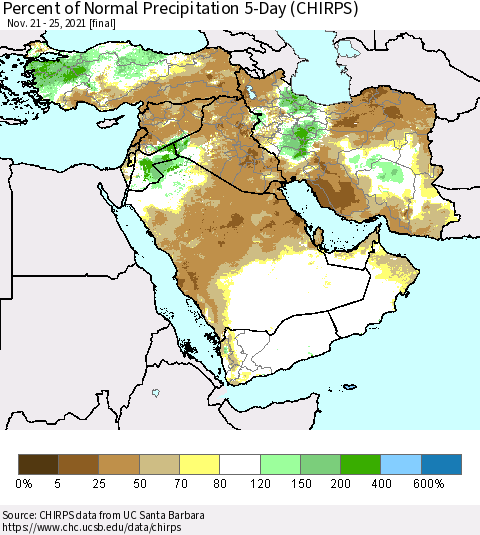 Middle East and Turkey Percent of Normal Precipitation 5-Day (CHIRPS) Thematic Map For 11/21/2021 - 11/25/2021