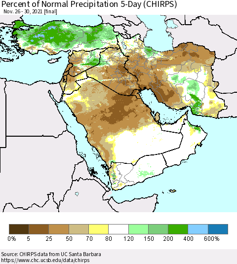 Middle East and Turkey Percent of Normal Precipitation 5-Day (CHIRPS) Thematic Map For 11/26/2021 - 11/30/2021
