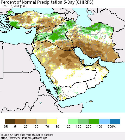 Middle East and Turkey Percent of Normal Precipitation 5-Day (CHIRPS) Thematic Map For 12/1/2021 - 12/5/2021